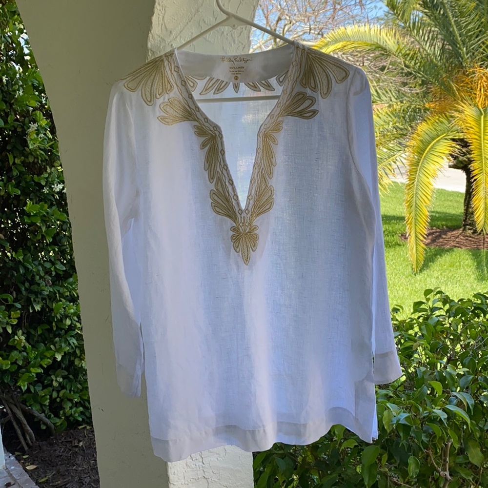 Lilly Pulitzer metallic embroidery on white linen